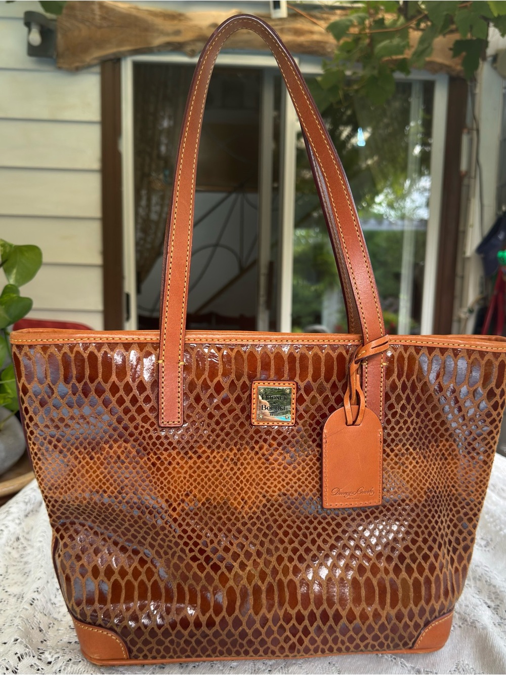 Vintage Dooney & Bourke Cognac Brown Patent Snake-Embossed Tote
